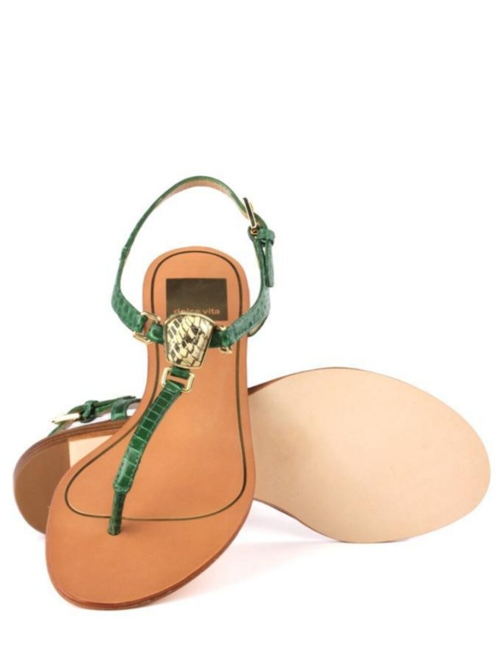 Dolce Vita Isolde Green Snake Thong Sandal Gold Stone Buckle